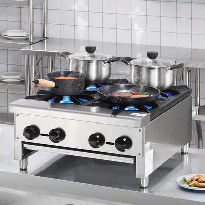 Estufa de gas comercial con 4 quemadores, Gama de estufas de cocina de encimera de propano y gas natural, Placa caliente de gas de acero inoxidable, Equipo de cocina comercial para restaurante,112.000 BTU