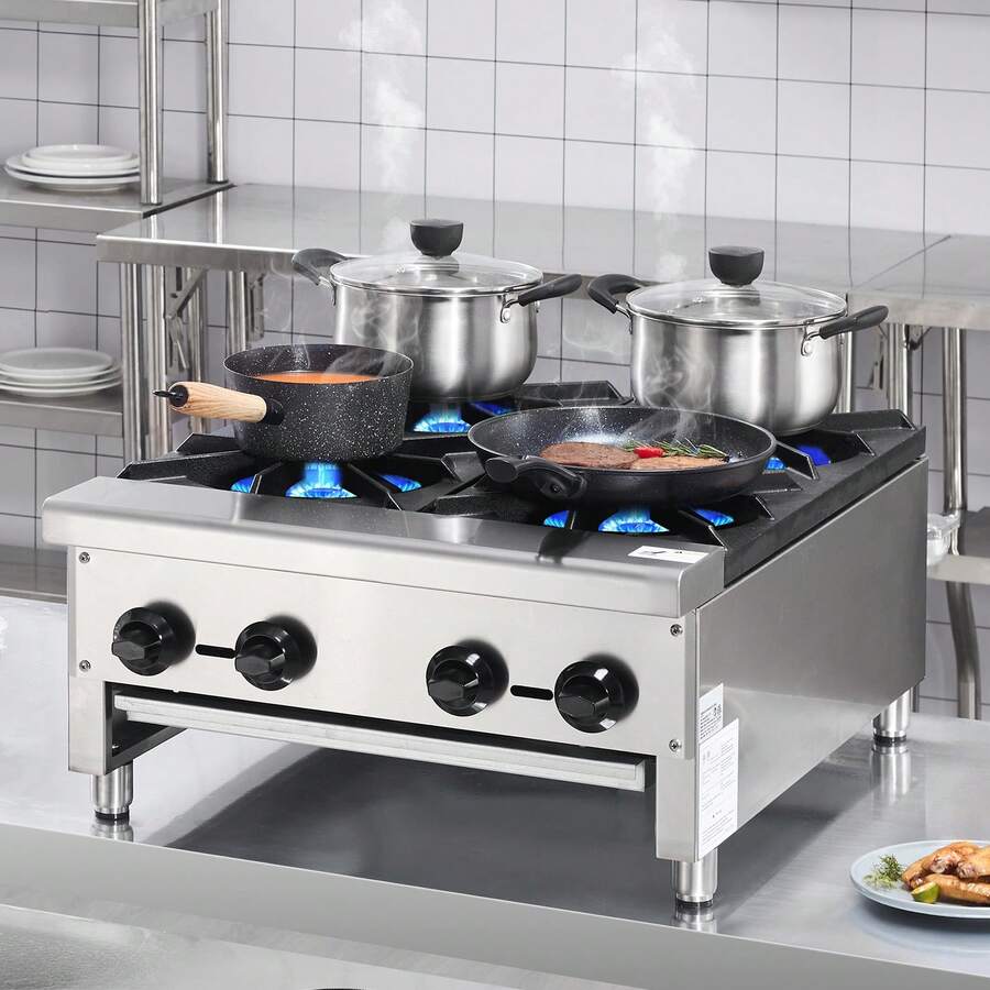 Estufa de gas comercial con 4 quemadores, Gama de estufas de cocina de encimera de propano y gas natural, Placa caliente de gas de acero inoxidable, Equipo de cocina comercial para restaurante,112.000 BTU - 4 quemadores - Ver 1