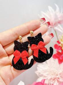 1 Pair Cute Acrylic Bling Bling Earrings, Lovely Pink Bow & 3D Sequin White Kitten Earrings, Elegant Earrings Gift For Women - Multicolor - View 2