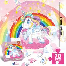 70pcs Unicorn Floor Puzzle, Suitable For 3-5 Years/4-6 Years Old Girls, 58x58cm Large Round Floor Puzzle, Ideal Toy Gift For Boys And Girls, Suitable For Thanksgiving, New Year, Back To School And Other Holidays - Pink - View 3