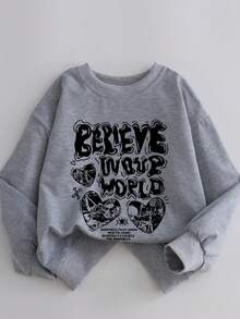 2pcs/Set Girls Back To School Letter Graffiti Print Crew Neck Sweatshirt And Drawstring Pants, Casual Hoodie Outfit, Daily Casual Fashion - Grey - View 3