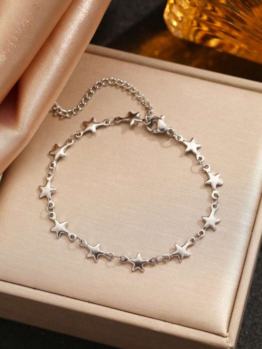 Pulsera de cadena de acero inoxidable unisex, color dorado/plateado, colgante de estrella de cinco puntas, joyería que no se desvanece - Plateado - Ver 1