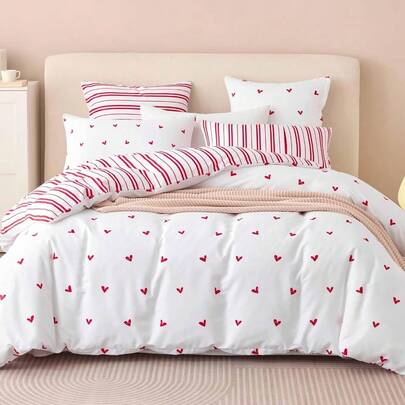 Funda de Edredón Reversible Corazón Rojo/Rojo Puro, Tamaño Individual Microfibra Suave, Cierre de Cremallera + 1 Funda de Almohada, Sin Decoloración