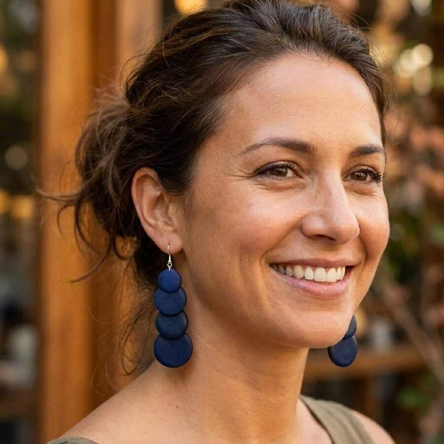 1 Pair Navy Blue Wooden Geometric Round Earrings, Vintage Wooden Round Chain Earrings, Iron Earring Hooks, Fashion Jewelry Set For Women, Suitable For Daily Wear And Gifting, Accessory For All Seasons - Royal Blue - View 1