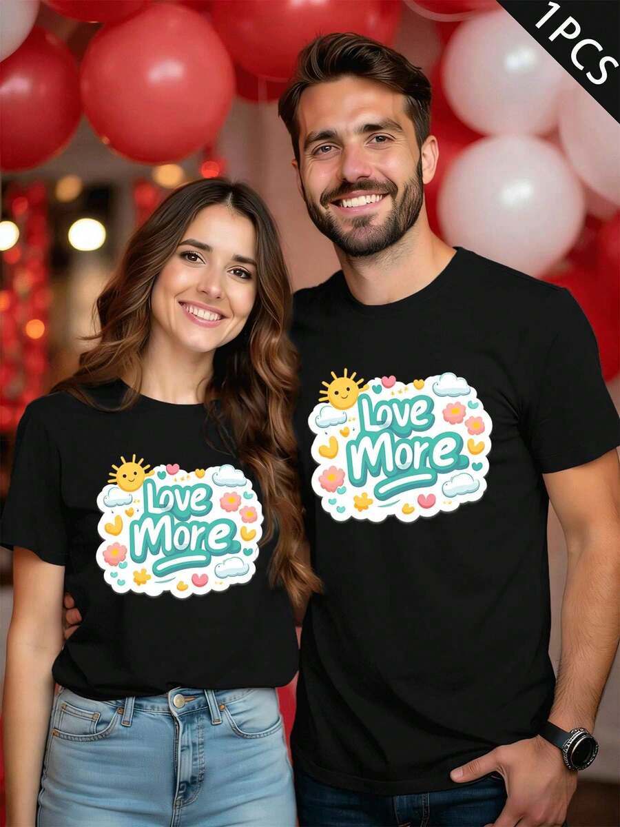 T-shirt Partner "Love More" con stampa grafica, morbido cotone, vestibilità rilassata, taglio comodo, stile street hip-hop, design grafico - DonnaNero-1PC - Visualizzare 1
