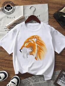 Koszulka damska z krótkim rękawem i nadrukiem w stylu vintage, z nadrukiem zębatego tygrysa, luźny krój, okrągły dekolt, idealna na letni streetwear - Czarne - Zobacz 1