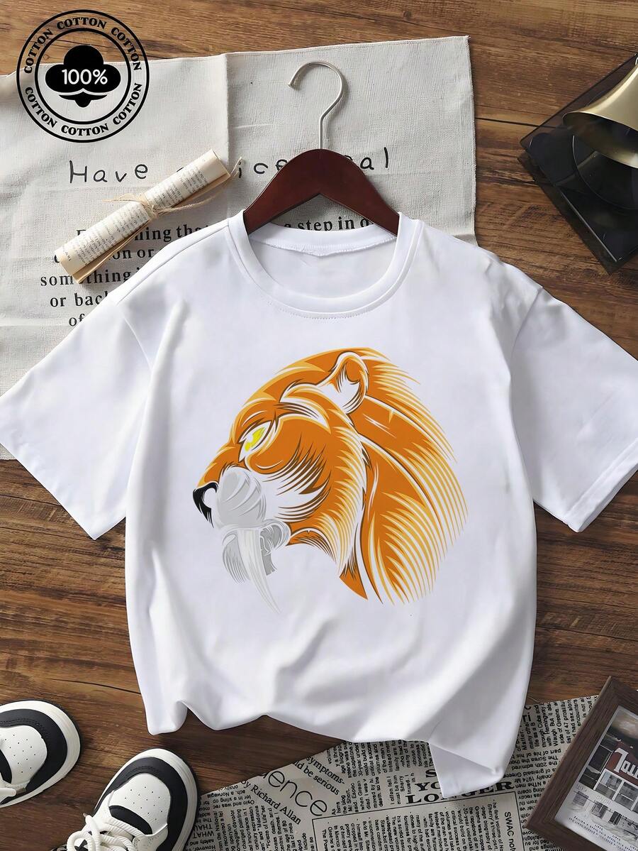 Koszulka damska z krótkim rękawem i nadrukiem w stylu vintage, z nadrukiem zębatego tygrysa, luźny krój, okrągły dekolt, idealna na letni streetwear - Czarne - Zobacz 1