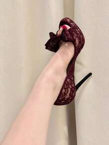 2026 Nuevas sandalias de plataforma con punta abierta y punta descubierta, con encaje bordado y lazo, impermeables, tacones altos y stilettos sexy para mujeres - Burdeos - Ver 3