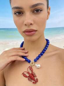 女士手工串珠项链 | 锌合金龙虾吊坠配珍珠 | 复古个性化首饰，适合海滩、节日、情人节佩戴 - 小龍蝦 - 查看 12