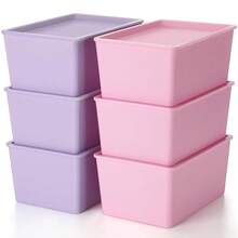 6 Pcs Storage Bins With Lids Small Plastic Storage Containers Stackable Storing Baskets Box Cute Organizer Bins For Organizing Shelves (Pink,Purple) - Pink - View 1