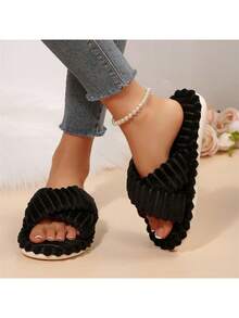 女士露趾记忆棉拖鞋，交叉绑带设计，秋冬季室内毛绒拖鞋