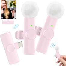 Wireless Lavalier Microphone For IPhone Type-C And Android Cameras, Plug And Play, Professional Noise Cancelling Clip-On Microphone For Creators And Interviews (50mAh Rechargeable Battery) - Pink - View 2