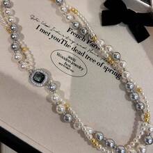 1件时尚双色珍珠妈妈项链 - 法式毛衣链，奢华项圈饰品，适合派对和送礼 - 彩色 - 查看 7