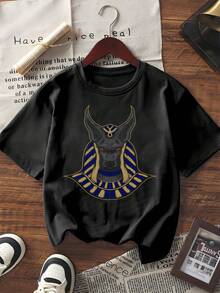 Koszulka z grafiką w stylu vintage z egipskim Anubisem, damska, luźna, krótka koszulka z krótkim rękawem, luźny, luźny t-shirt w kolorze czarnym na lato 2024 - Biały - Zobacz 6