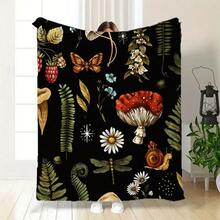 Whimsical Botanical Pattern Black Blanket With Red White Spotted Mushroom, Snail, Dragonfly, Flowers & Raspberries - Two People Design, Perfect For Picnics, Decor, Or Gift - 白色 - 查看 7