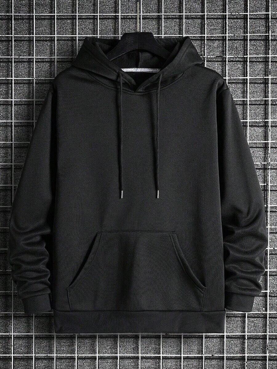 Hombres Capucha unicolor con cordón con bolsillo de canguro de hoODIE - Negro - Ver 1