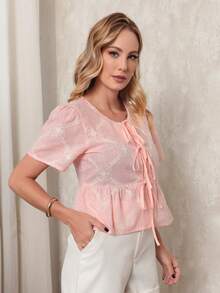DUOUNO MODAS - WOMEN'S BLOUSE 100% COTTON WITH FRONT TIE - WOMEN'S SUMMER BLOUSES WITH BOWS - 淺粉色 - 查看 4