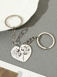 2个/套 卡通可爱莉萝与史迪奇不锈钢钥匙扣，卡哇伊心形情侣钥匙扣，适合日常佩戴或作为礼物，情人节礼物 - 彩色 - 查看 9