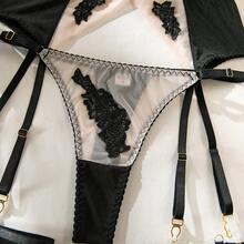 5件套新款性感女士内衣套装，网纱拼接刺绣薄款聚拢文胸+丁字裤+吊袜带+大腿吊袜带 - 黑色 - 查看 6