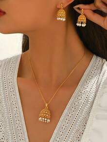 Bộ trang sức ngọc trai giả đèn lồng cổ điển 3 món, Bộ trang sức đá Jasper Zirconia mạ đồng, Bộ trang sức sang trọng theo phong cách Bohemian cho đám cưới, tiệc, lễ hội - Vàng - Xem 6
