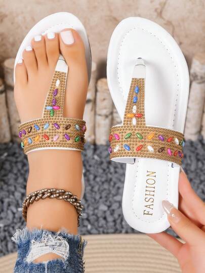 Sandalias planas versátiles y casuales para mujer, sandalias tipo chanclas de estilo bohemio elegante con decoración de cuentas de colores, sandalias planas ligeras y cómodas para uso al aire libre, fiestas y eventos