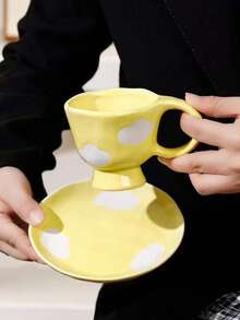 1pc Cute Blue Sky & White Cloud Ceramic Coffee Cup & Saucer Set, Lovely Cartoon Stemware, Birthday Blessing, Party Supplies, Gift For Boyfriend Or Girlfriend - Multicolor - View 13