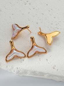 Mazuer 1 Pair Romantic Elegant Faux Pearl Mermaid Tail Stud Earrings, 18K Gold Plated Stainless Steel Jewelry, Women Casual Accessories - Yellow Gold - View 7