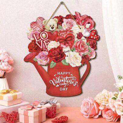 1件情人节门牌，红色玫瑰壁挂花环，适用于前门装饰、情人节欢迎标牌、墙面装饰、门廊装饰、情人节欢迎牌、婚礼和周年纪念装饰