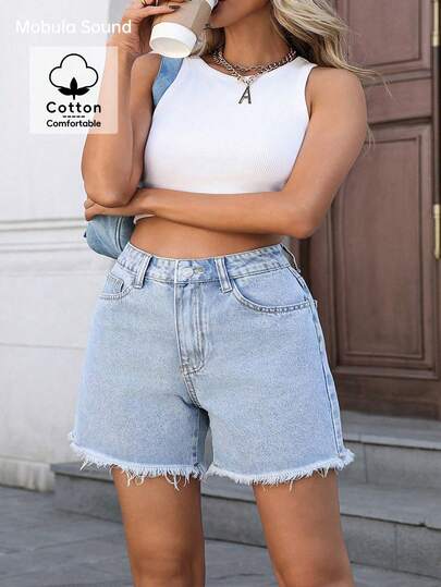 Plus Size Women's Spring/Summer Casual Fashion All-Match Everyday Frayed Hem Blue Straight Leg Denim Shorts