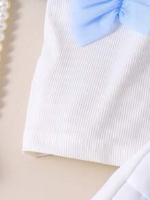 2pcs Young Girls' Forest Style Blue Mesh Patchwork Top And Pleated Bowknot Skirt Set, Summer - White - View 6