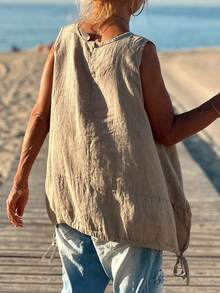 QueenCloset 女士夏季优雅休闲亚麻无袖T恤，卡其色圆领抽绳宽松背心，波西米亚风度假装，适合日常/通勤穿着 - 卡其色 - 查看 2