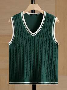 Men's Color-Blocked V-Neck Plush Casual Knit Vest, Stylish And Sexy, Suitable For Spring And Autumn. - Green - View 8