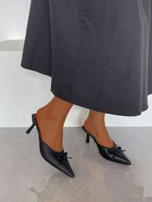 Fashionabla spetsiga tåsandaler med rosett, höga klackar för kvinnor, bekväma mångsidiga sandaler med stängd tå och rygglösa ryggar - Svart - Visa 6