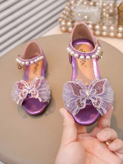 1 par de sandalias infantiles con decoración de strass, perlas y lazos, punta redonda de PU con parches brillantes, adecuadas para uso diario, baile, exterior, festivales, fiestas, zapatos de princesa con brillo, aptos para primavera, verano y otoño