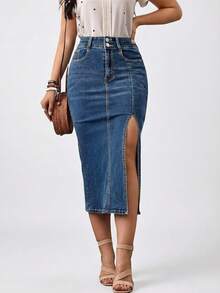 Women's Casual Long Denim Skirt With Front Slit Medium Stretch Straight Fit Blue Jeans Skirt - Blue - View 2