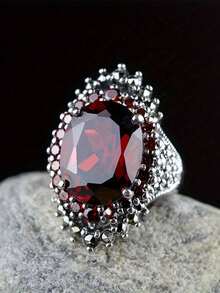 2026 New Collection Of Fine JewelryRetro Exaggerated Design Elegant Women's Fashion Oval Artificial Synthetic Red Garnet Ring Classic Design Women's Engagement And Proposal Ring Birthday Party Anniversary Gift Cocktail Banquet Jewelry High-End Accessories - 藍色 - 查看 5