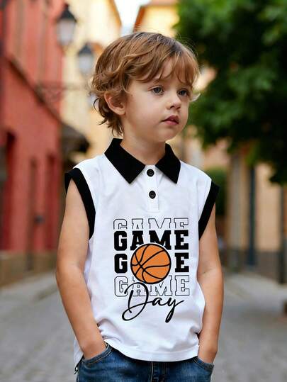 Boys' Basketball & "GAME" Letter Print Sleeveless Polo Shirt, Casual Tank Top For Teens, Spring/Summer New Arrival