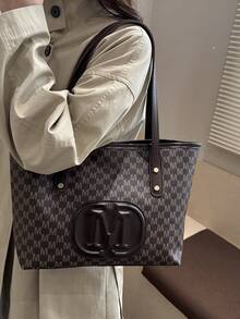 大容量字母印花手提包，绗缝单肩包，女士通勤包 - 咖啡 - 查看 2