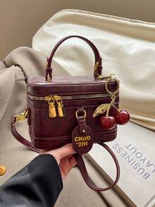 Túi vuông mini bằng da PU màu trơn thanh lịch, túi vải chống thấm nước màu đỏ tía, thiết kế họa tiết chữ cái, thích hợp cho du lịch, mua sắm, họp mặt, tiệc tùng, đi làm. - Đỏ - Xem 11