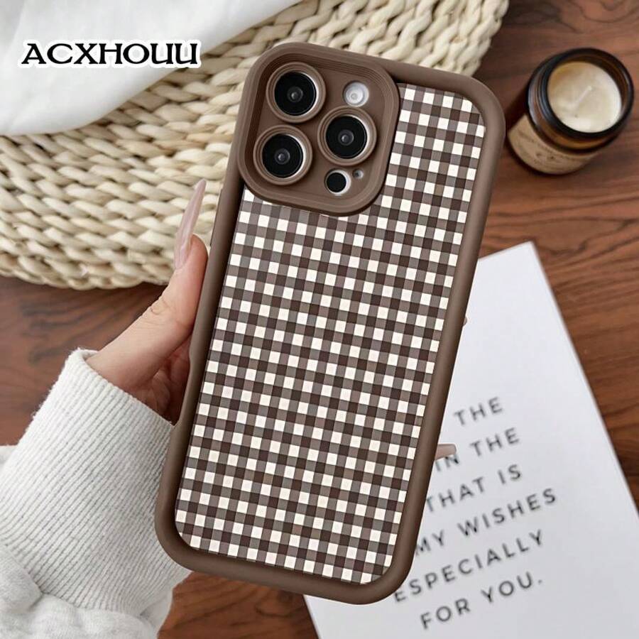 Designed For IPhone 17 16 E Pro Max 15 Plus 14 13 12 11 XS XR Brown Gingham Pattern Rugged Durable Drop-Proof Shockproof Anti-Scratch Case ,Suitable For IPhone17 Air - Coffee Brown - View 1
