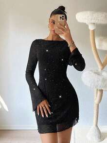 Vuslat 女士优雅亮片装饰派对迷你连衣裙，性感透视网纱闪光迷你连衣裙，新年连衣裙，感恩节服装，优雅派对连衣裙，节日连衣裙，正式服装 - 黑色 - 查看 1