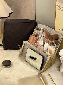 Large Capacity Vertical Makeup Bag - Multi-Layer Travel Cosmetic Organizer, Durable Fabric And Mesh Pockets, Portable Tabletop Skincare And Makeup Tool Storage Bag (Beige/Black), Disposable Makeup Bag/Sturdy Zipper Change Bag, Makeup Bag, Vanilla Color, Makeup Bag, Storage Bag, Makeup Bag, Toiletry Bag, Desktop Organizer Bag, Shuixin Makeup Bag, Large Opening Vertical High Capacity Cosmetic Storage Bag, Office Desk Organizer Bag/Pencil Case - Multicolor - View 10