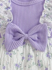 女婴可爱碎花圆领荷叶边纹理面料连体衣和发带套装，夏季 - 紫丁香色 - 查看 6