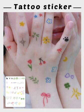 1 pieza Tatuaje temporal colorido y reutilizable con mini patrón, decoración linda para dedos/palma, resistente al agua, resistente al sudor, de larga duración, adecuado para niñas