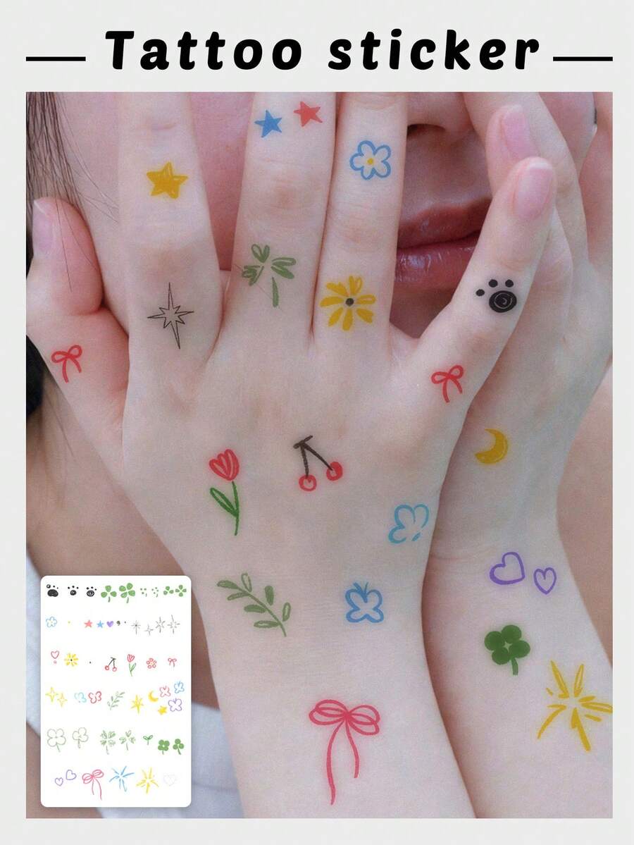 1片可重复使用的彩色迷你图案临时纹身贴纸，手指/手掌可爱装饰，防水防汗，持久耐用，适合女孩使用 - 彩色 - 查看 1