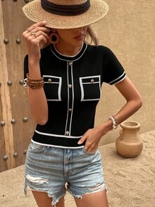 Áo thun nữ cổ tròn tay ngắn phối màu tương phản, thích hợp mặc đi làm hoặc dạo phố, màu đen, mùa hè. - màu đen - Xem 4