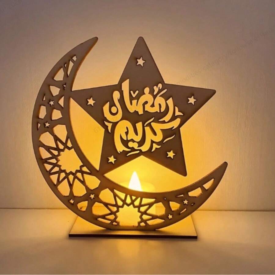 1pc Wooden Moon & Star Ramadan Decoration Craft, Holiday Atmosphere Prop, Office Desk Decor, Home Decoration, New Year Holiday Decor (Candles Not Included) - Multicolor - View 1