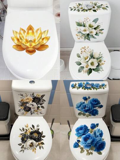 Elegant Floral Toilet Stickers - Black & Gold Floral Bathroom Wall Decals | Removable Fresh Floral Pattern Toilet Tank/Seat Cover Decor, Blue Rose Toilet Decorative Stickers, Easy To Peel And Stick, Instantly Refresh Bathroom Atmosphere