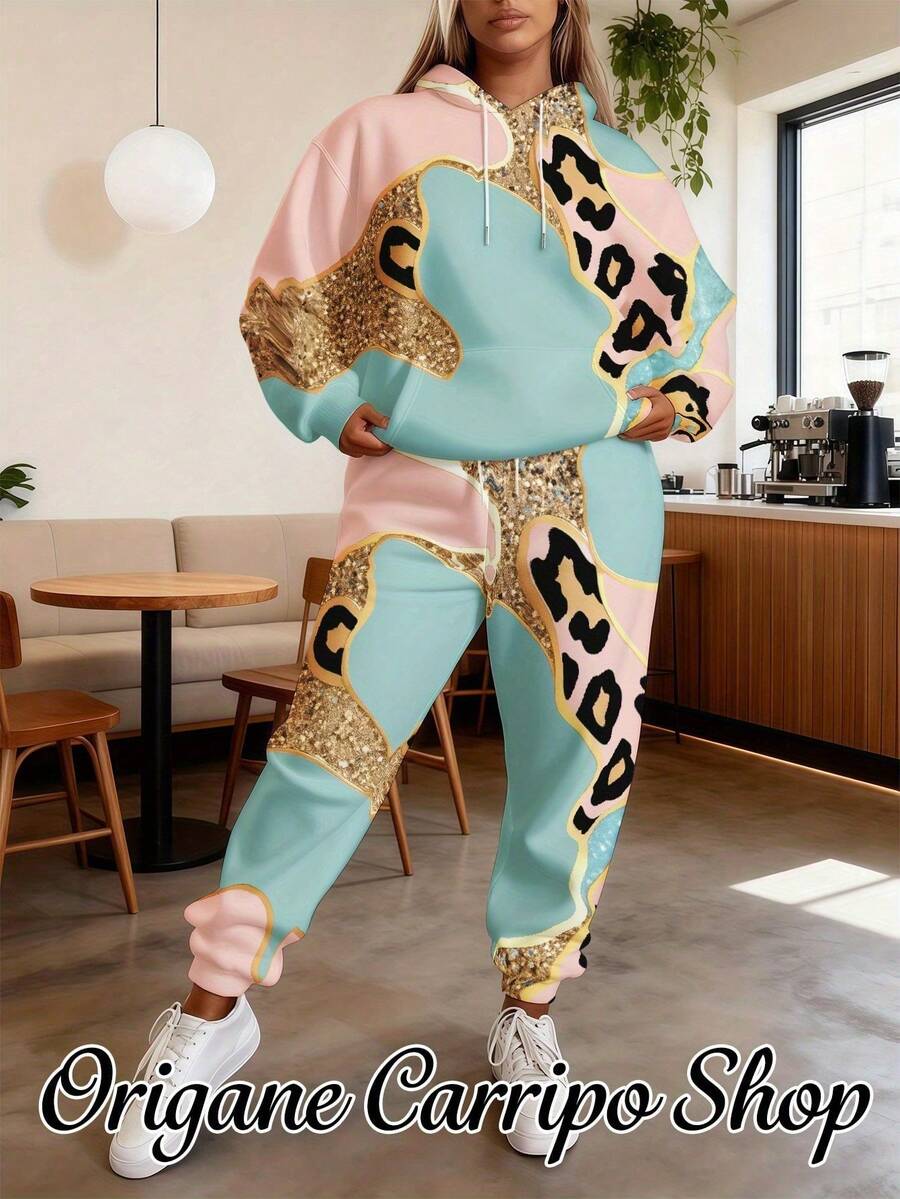 Plus Size Women'S Pink Leopard Golden Glitter Teal 3D Printed Full-Body Animal Print Sports Suit - Oversized Hooded Sweatshirt & Drawstring Waist Joggers Two-Piece Set, Loose-Fit Winter Warmth Gym & Casual Outfit, Comfortable Athletic Wear With Glit - 風格 - 查看 1