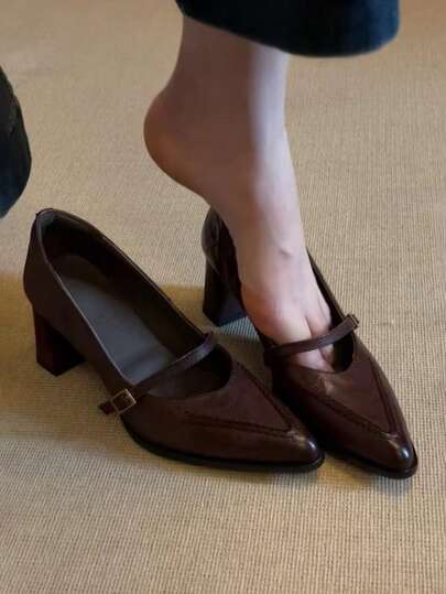 Vintage Chunky Heel Pointed Toe Mary Jane High Heels, Elegant Commuting Style